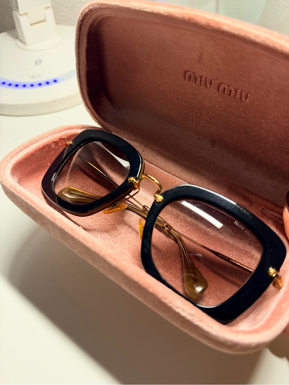 Miu Miu Black & Gold Square Sunglasses with Pink Velvet Case